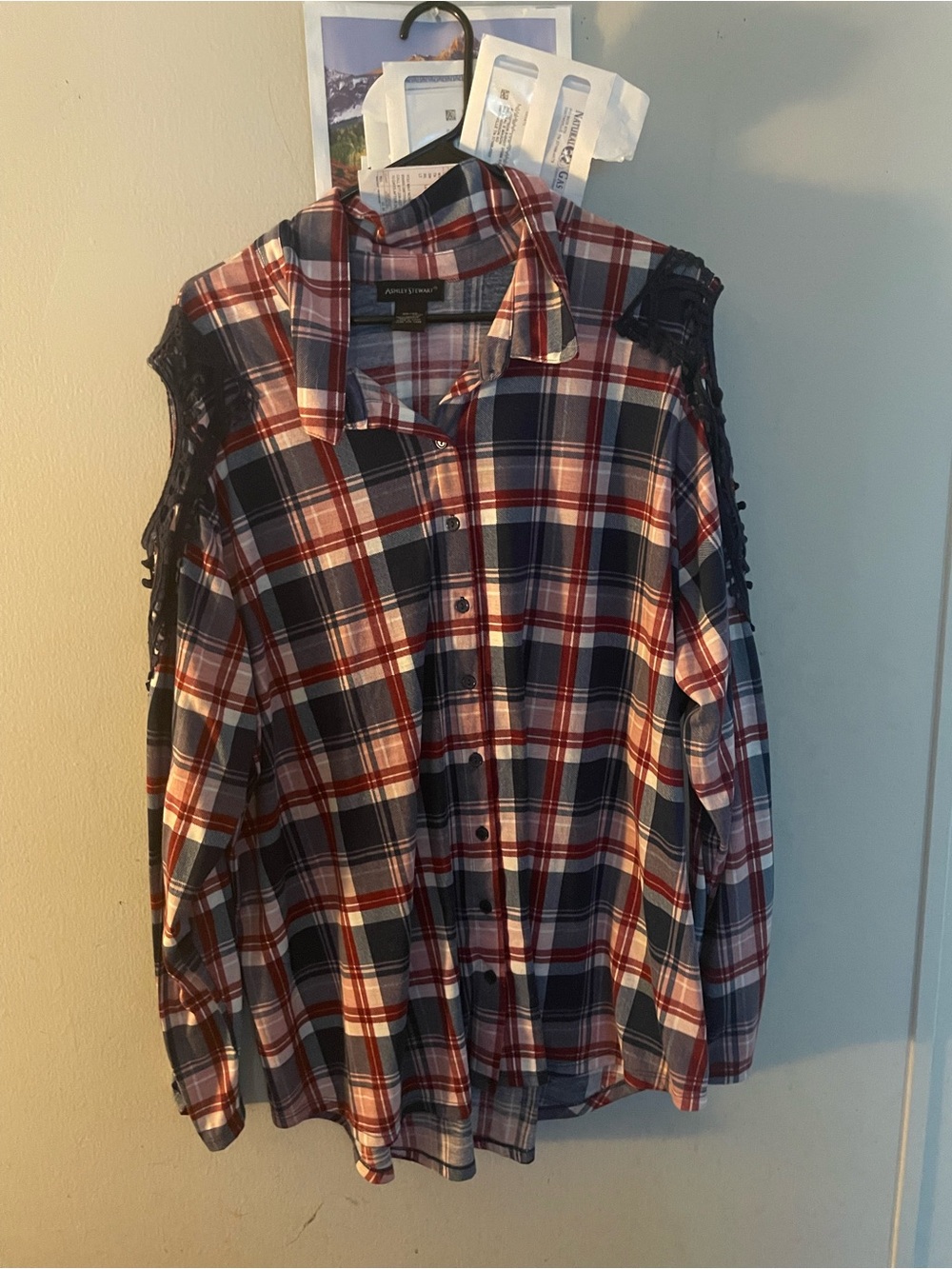 Ashley Stewart Red Navy White Plaid Button-Up Shirt